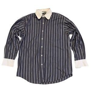 VINTAGE Tabi International Navy White Stripe Contrast Collar French Cuff Shirt S